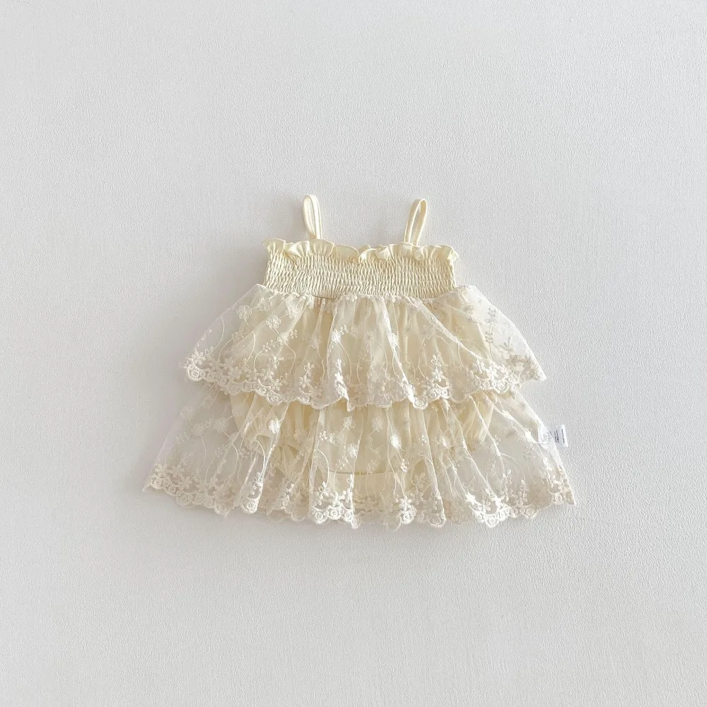 Cute Baby Girl Dress Romper 0-2Years Newborn Princess Sleeveless Strap Lace Layered Skirted Bodysuit Outfits Summer Clothes