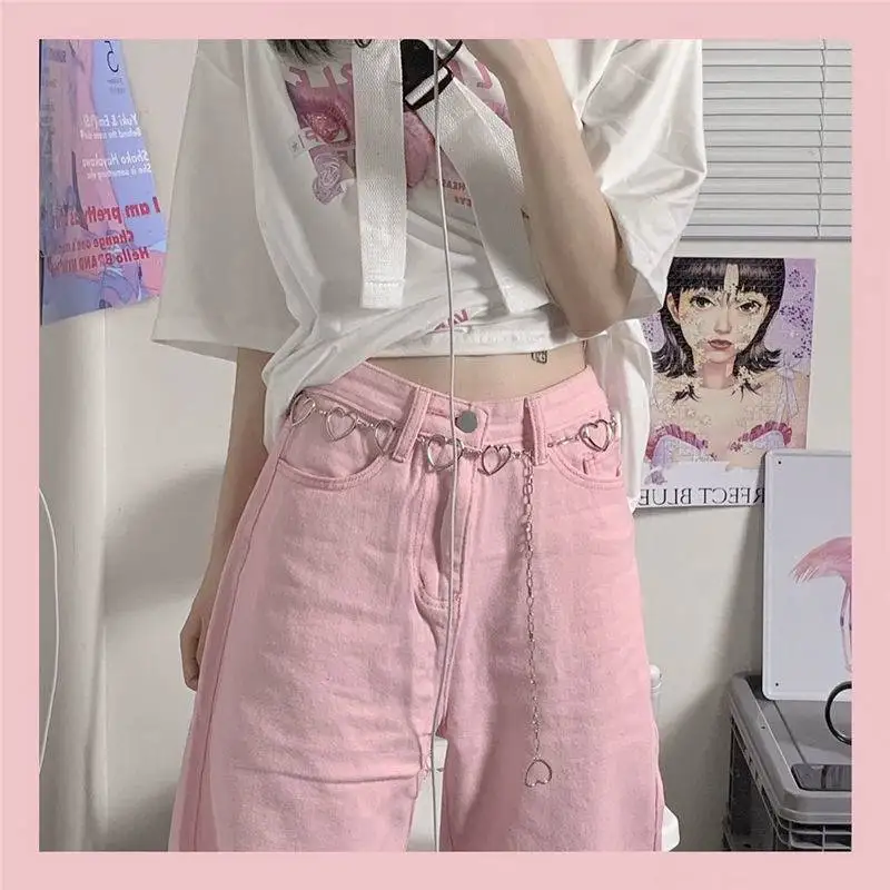 Baggy Pink Jeans wide leg pants women Kawaii Korean heart chain  Low Rise Denim Pants Streetwear Loose Trousers