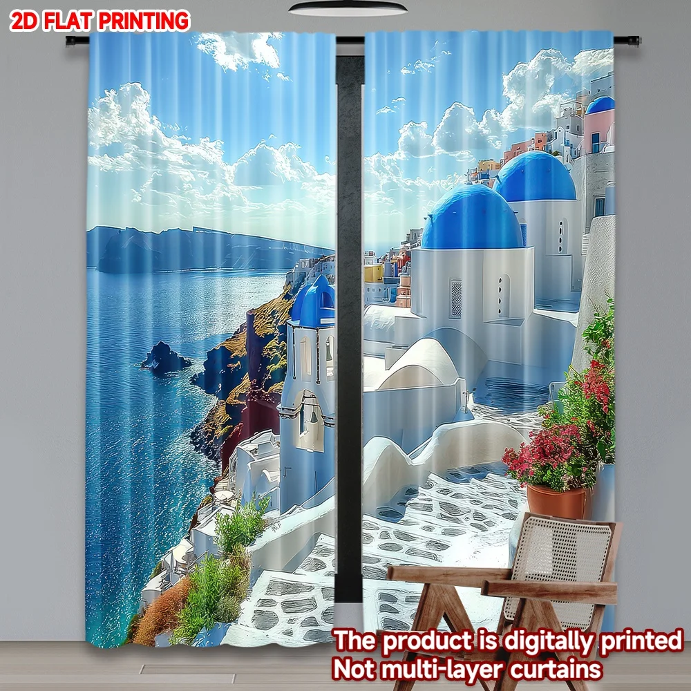 

2D flat printing 2pcs Drapes White Buildings and Sea Digital Printed Polyester Drapes Family Party Decoration Perfect for New