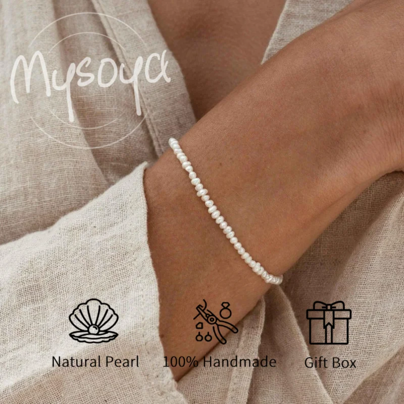 

MYSOYA 3-4mm Natural White Freshwater Pearl Bracelet For Women And Men With Gift Box Perfect Wedding Birthday Jewelry Gift