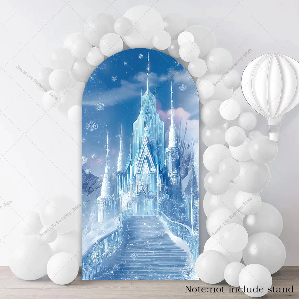 Couverture d'arrière-plan en arc de château la reine des neiges, décor de fête d'anniversaire de princesse pour bébé, arrière-plan de photographie en hiver, neige gelée, Chiara