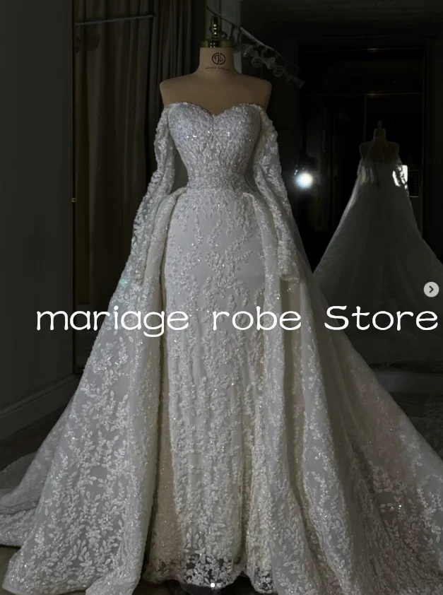 

Роскошные свадебные платья-русалки со съемным шлейфом, с открытыми плечами, с блестящими кружевными аппликациями, свадебное платье на заказ