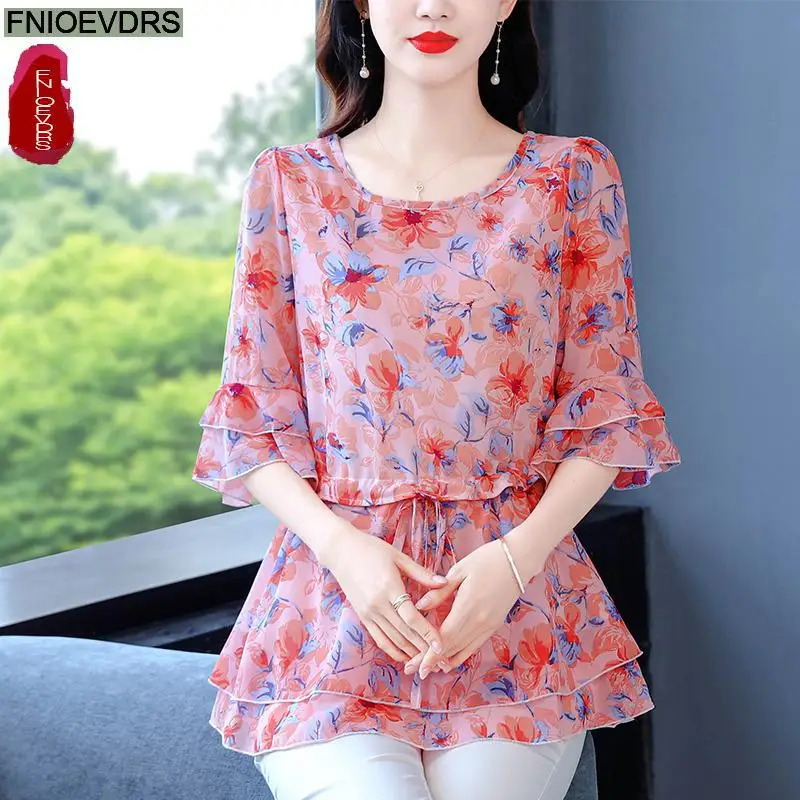 S-4XL Loose Clothes 2023 Women Summer Slim Waist Drawstring Ruffles Shirts Casual Chiffon Floral Tunic Peplum Tops And Blouses