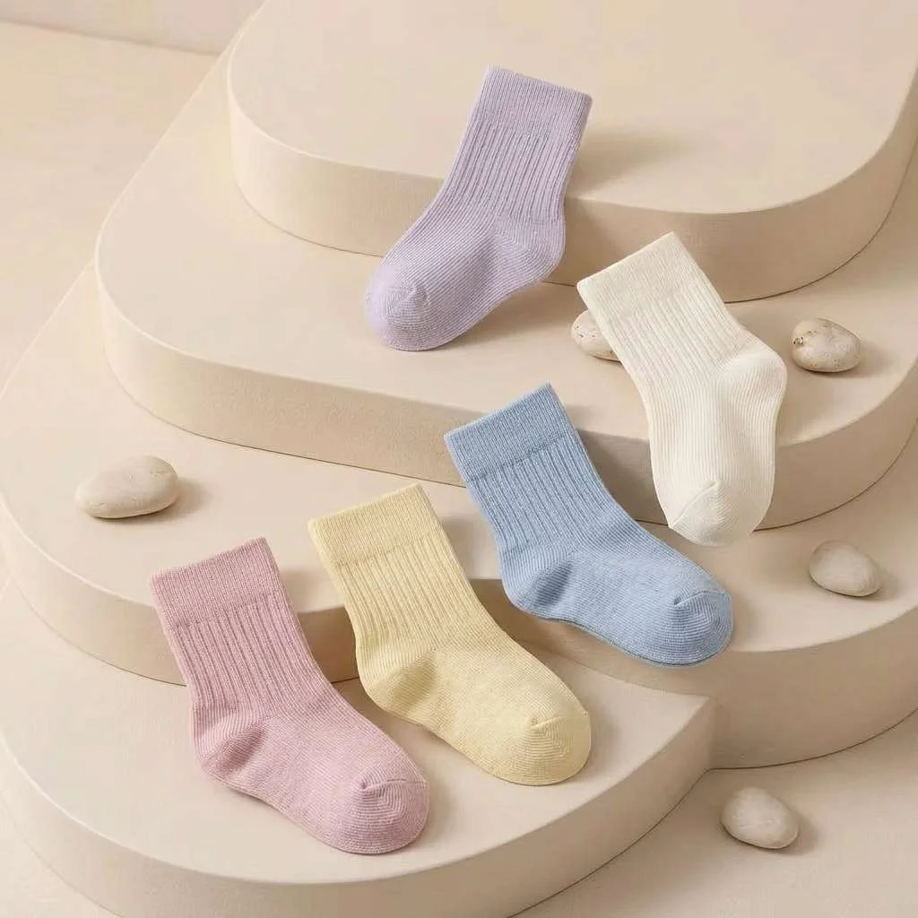 5 Pairs Baby Toddler Cotton Socks Mid-Calf Crew Socks Soft Comfortable Breathable Unisex for Boys Girls