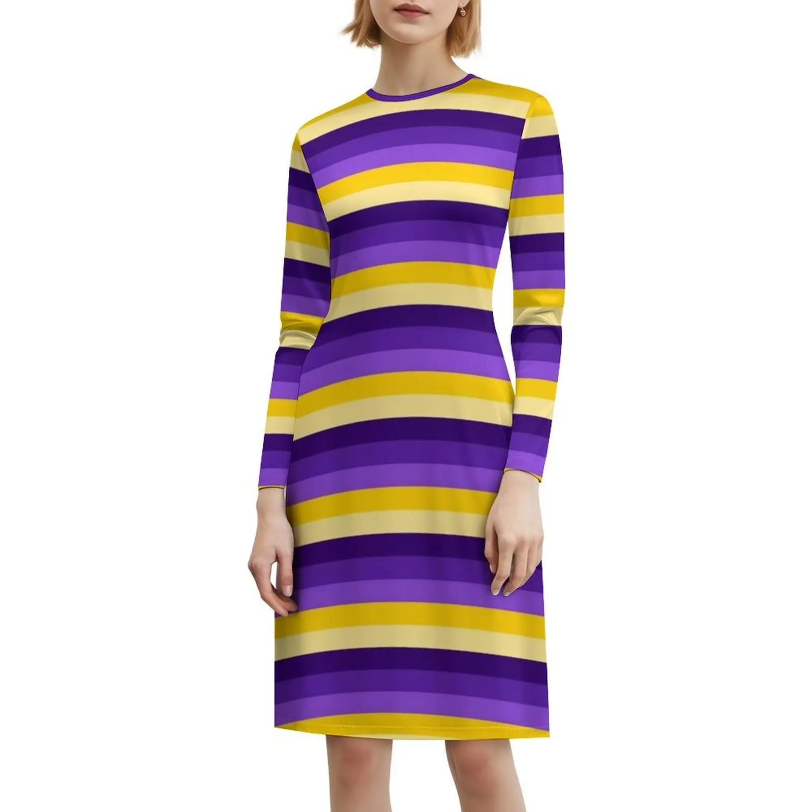 نمط مخطط رائع من السبعينيات: فستان هيب هوب نسائي باللونين الأرجواني والذهبي مطبوع عليه رسومات جرافيكية ملابس نادي الحفلات 1970S رائع #6