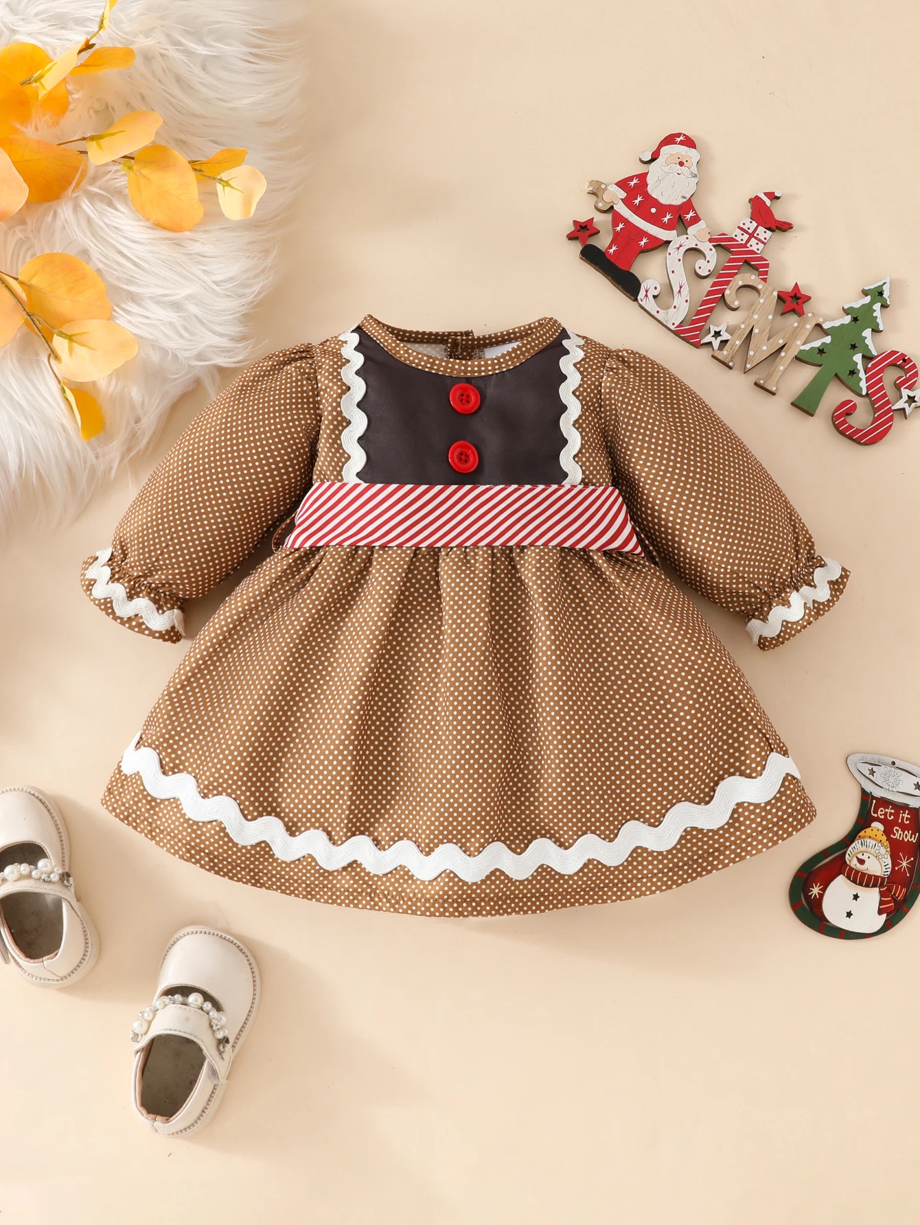 Cute Christmas Party Polka Dot All-Over Lace Splicing Back Button Long-Sleeved Dress + Belt Autum 2-Piece Set