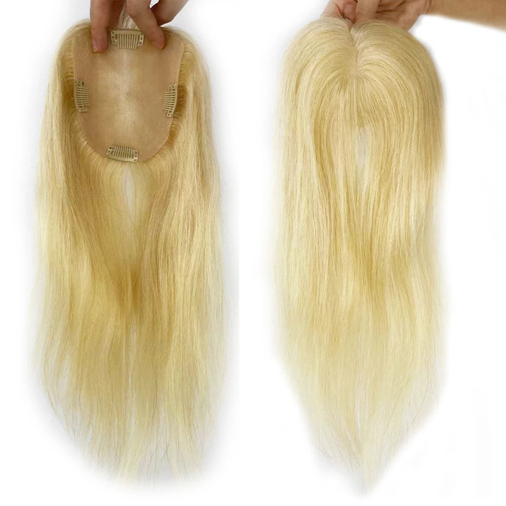 European Virgin Long Human Hair Topper for Women Silk Skin Base 613 Ash Blonde Fine Hairpiece Toupee with 4 Clip Ins 5X5 5X7 6X6