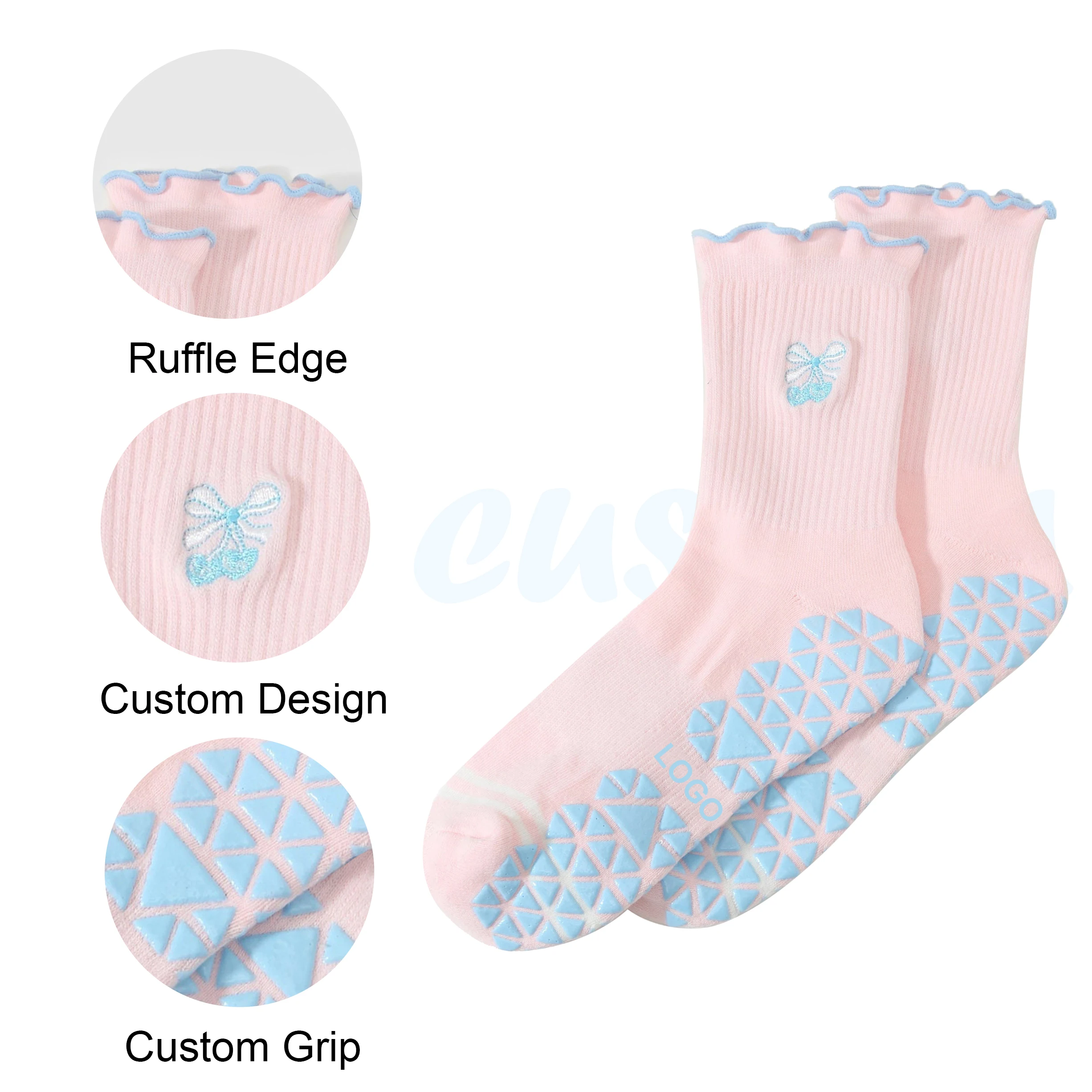 

Wholesale Custom Embroidery Logo Design Colorful Pink Cute Ruffle Women Yoga Crew Anti Slip Grip Pilates Socks