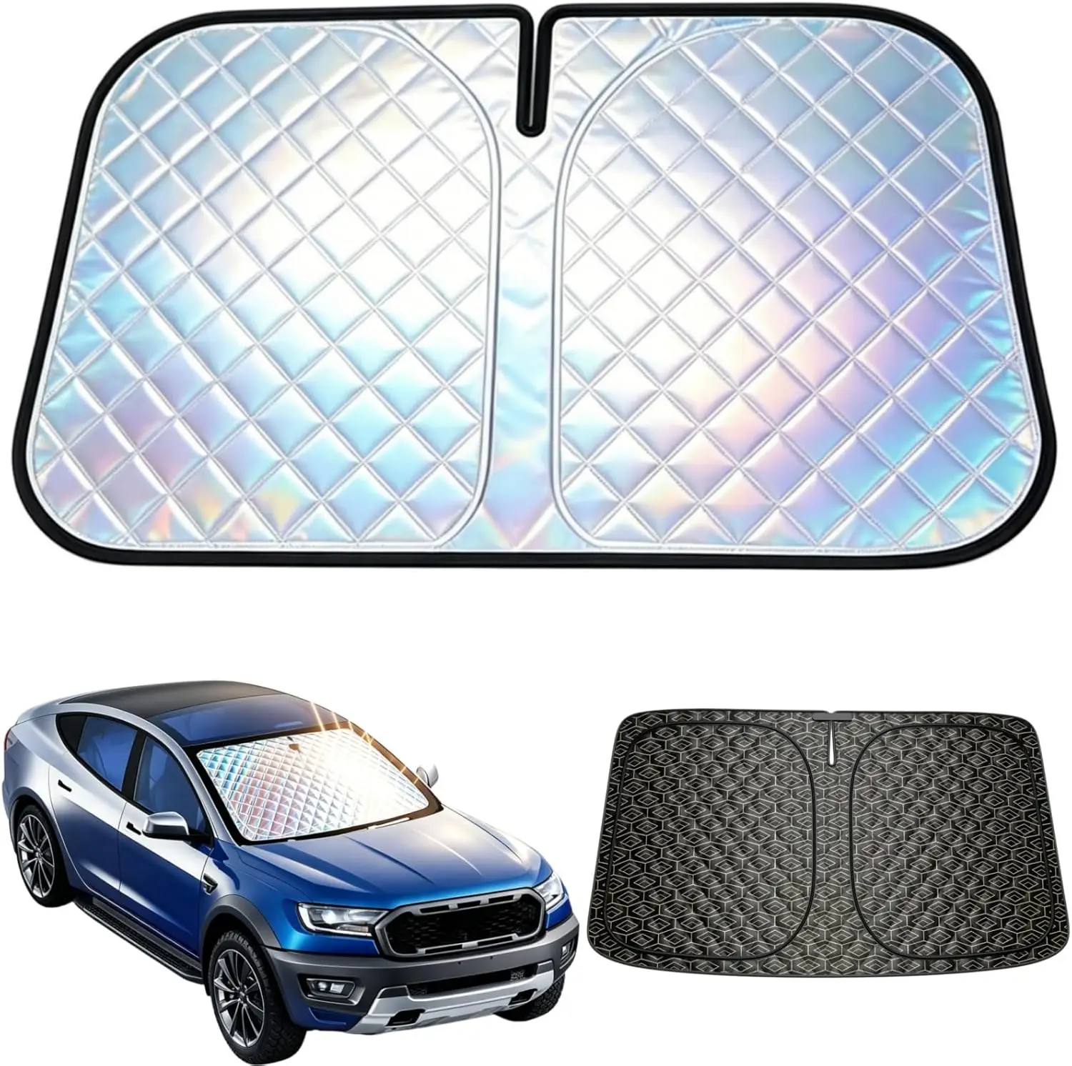 

Foldable Windshield Sunshade with 5-Layer Laser Reflective Fabric and Steel Frame for UV Protection and Heat Shield