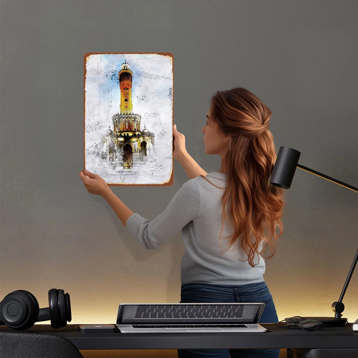 برج ساعة إزمير ألوان مائية علامات صفيح ملصق تاريخي ديكور غرفة النوم ديكور الغرفة لوحات رجالية فن جداري داخلي عتيق #2