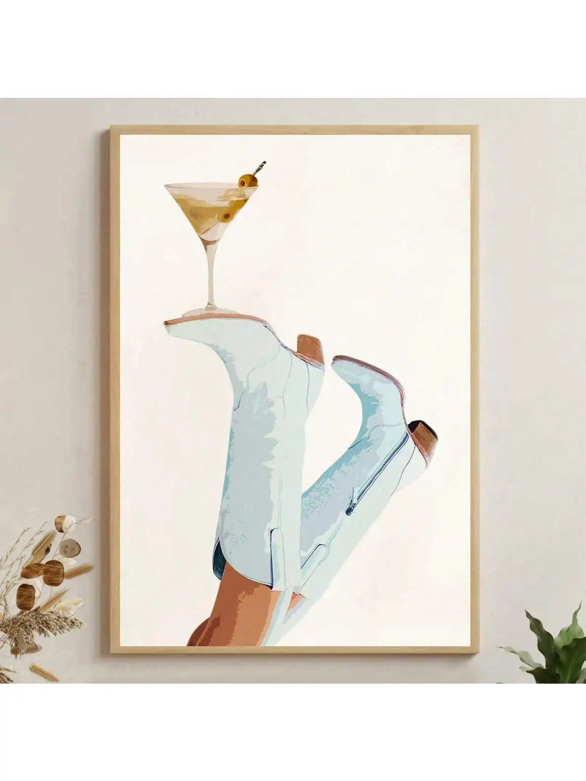 Unframed,Light Blue Cowboy Boots Poster,Cowgirl Martini Canvas Prints, Fashion Decor