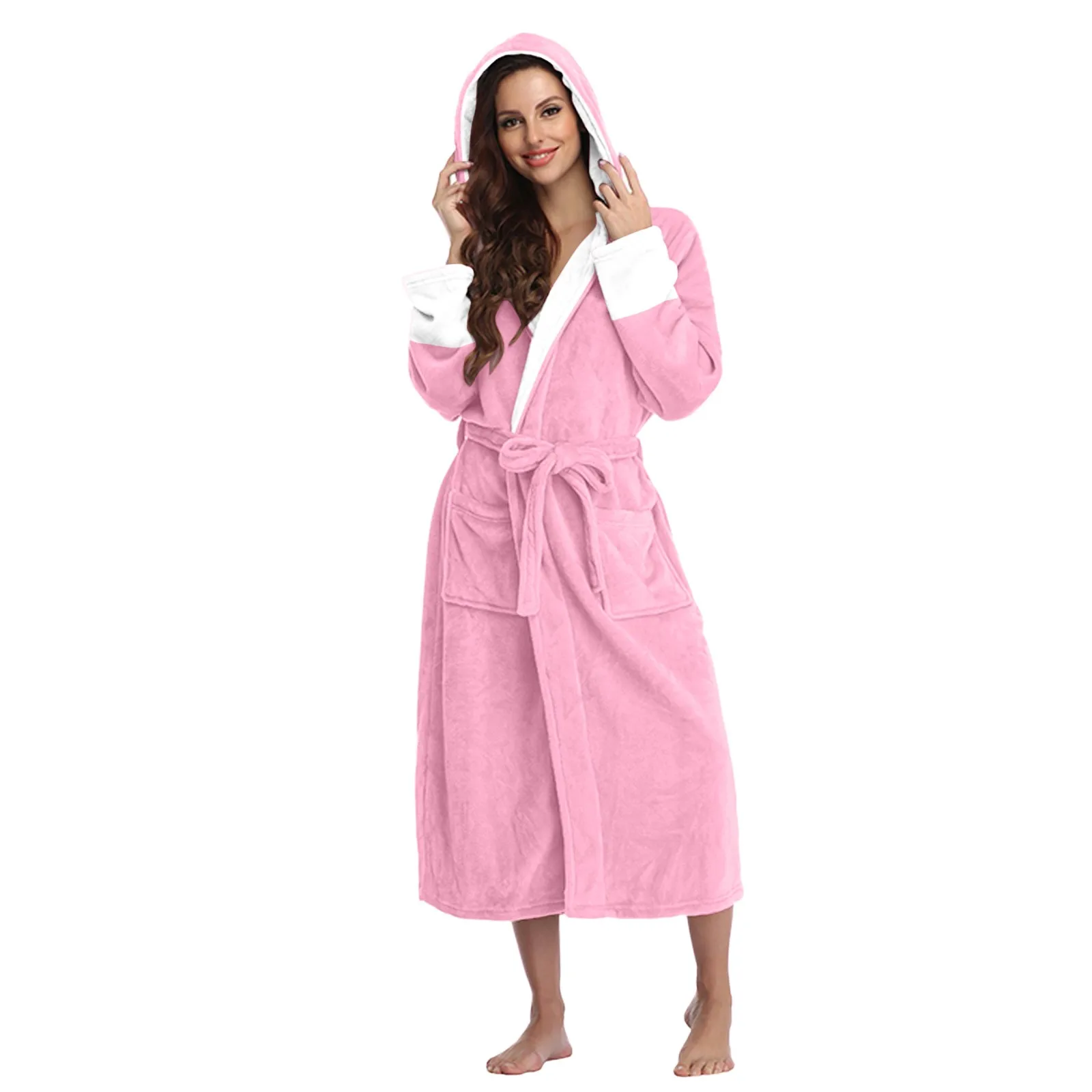 Women\'s Fleece Bathrobe Ladies Dressing Gown Long Hooded Sleepwear Soft Fluffy Pajamas Loose Relaxed Home Robe Wearing Nightwear