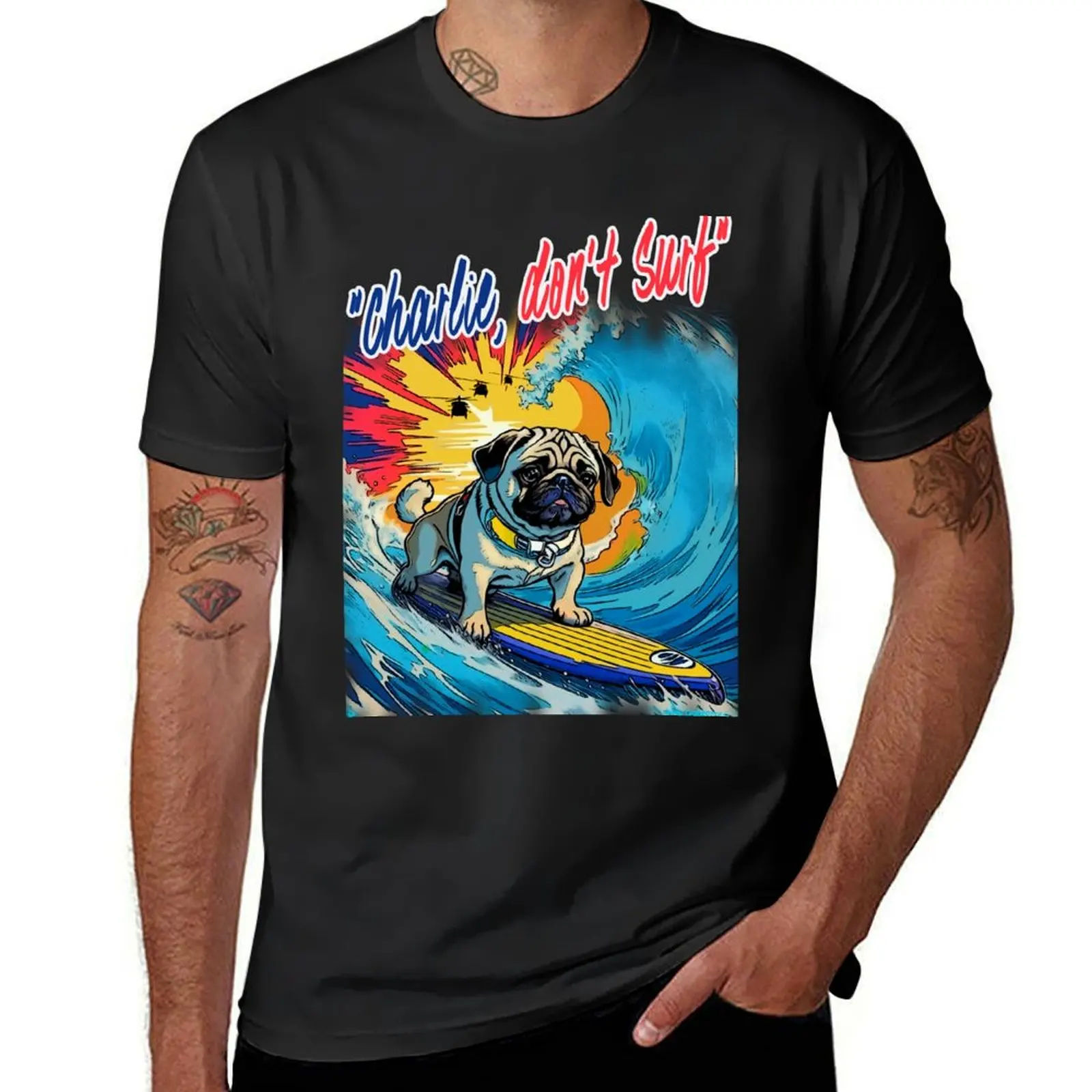 Camiseta de manga corta para hombre, ropa estética, sublime, Pug Surfer 2