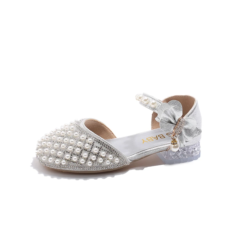 

Girls Rhinestone Horseshoe Heel Sandals Wedding Party Children Pearl Princess Shoes Fashion Non-slip Children's Performance Shoe