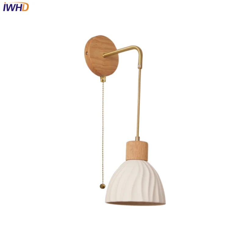 

IWHD Cermaic Nordic LED Wall Lamps Sconce Bedroom Porch Coffee Pull Chain Switch Wood Base Modern Bathroom Vanity Mirror Light