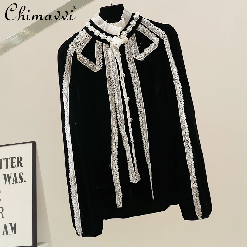 

2025 Autumn New Korean Fashion Heavy Beaded Lace Patchwork Velvet Shirt Versatile Elegant Long Sleeve Blouse Women's Top