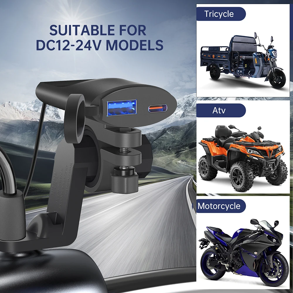 

Motorcycle PD+USB Charger IP67 Waterproof Motorbike Handlebar Phone Charger with Stand Quick Charge 3.0 12V-24V Power Supply