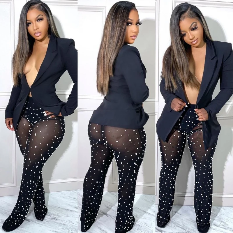 

Осень 202, женский повседневный комплект из двух предметов, блейзер, брюки с жемчугом, комплекты с длинным рукавом, куртка на одной пуговице, сетчатые брюки, наряд, костюмы для вечеринок