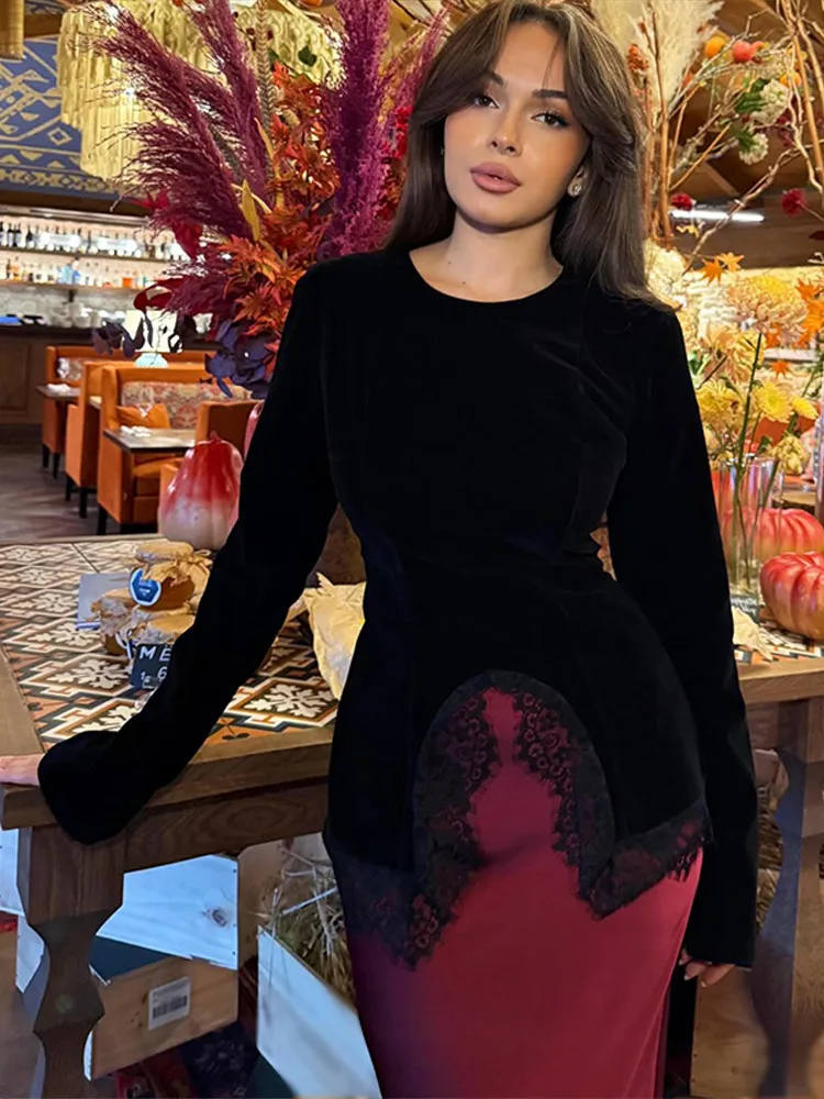 

Elegant Solid Velvet Lace Shirts Women O-neck Long Sleeve Bandage Irregular Hem Slim Tops 2026 Spring New Lady Chic Blouses