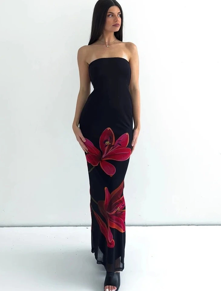 Sleeveless Flower Print Tube Bodycon Midi Dress Backless Lace Up Elegant Sexy Outfit  Autumn Winter