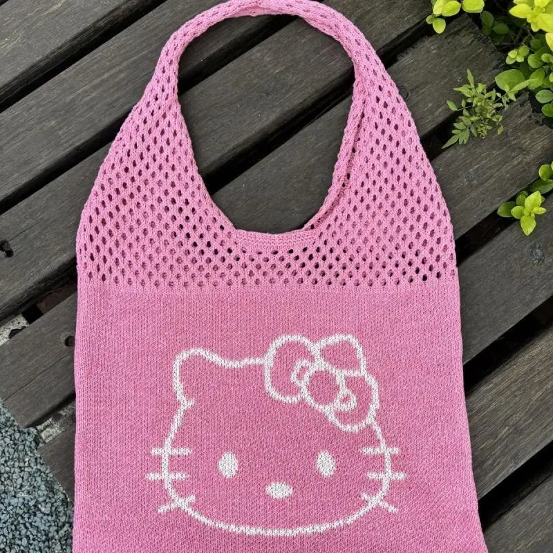 Y2K Kawaii Kt Cat Anime Cartoon Knitting Yarn borse a tracolla Childlike Cute Vacation Braid Mesh Bag Street Style Fashion Handbag