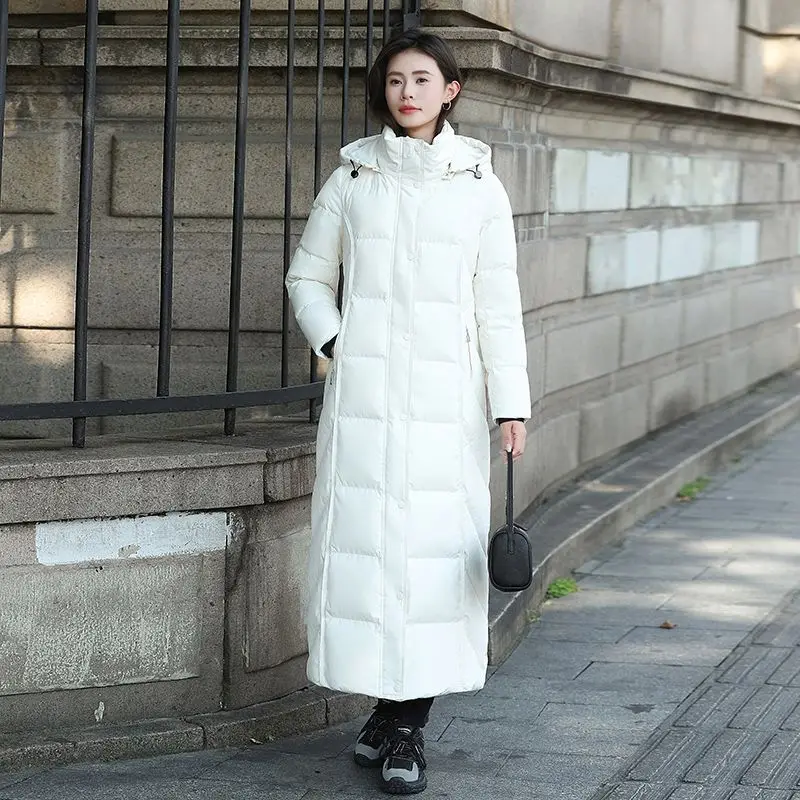 2026 High-quality Overlength Down Jacket Women's Winter White Duck Down Coat Thicken Warm Parkas Hooded Slim Streetwear Overcoat