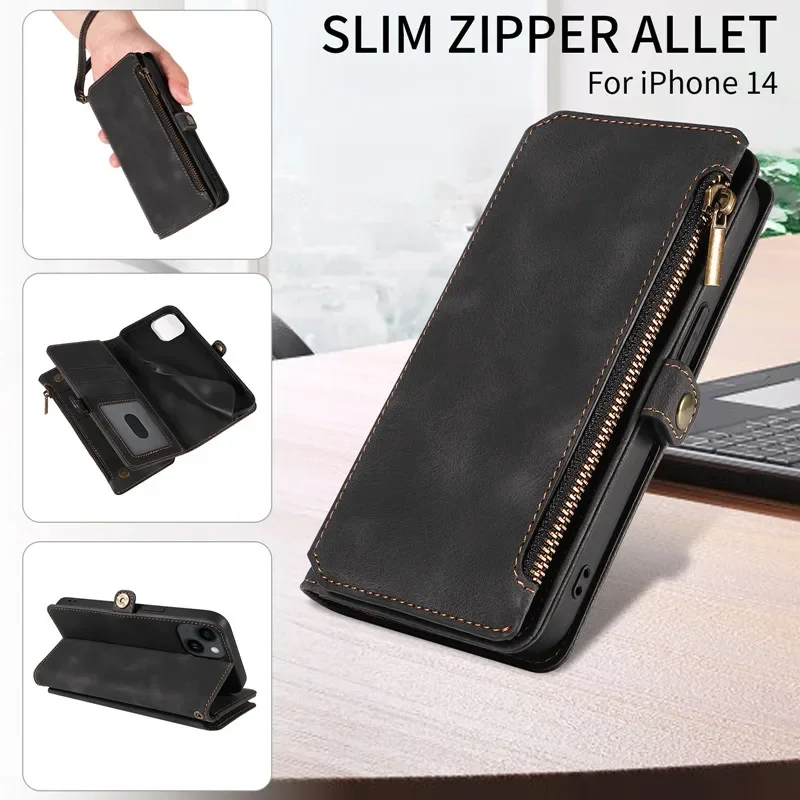 For iPhone 16 15 14 13 12 11 Mini Pro X XS Max 8 7 PLUS XR SE 2020 with Strap Zipper Wallet Cards Stand Leather Flip Phone Bags