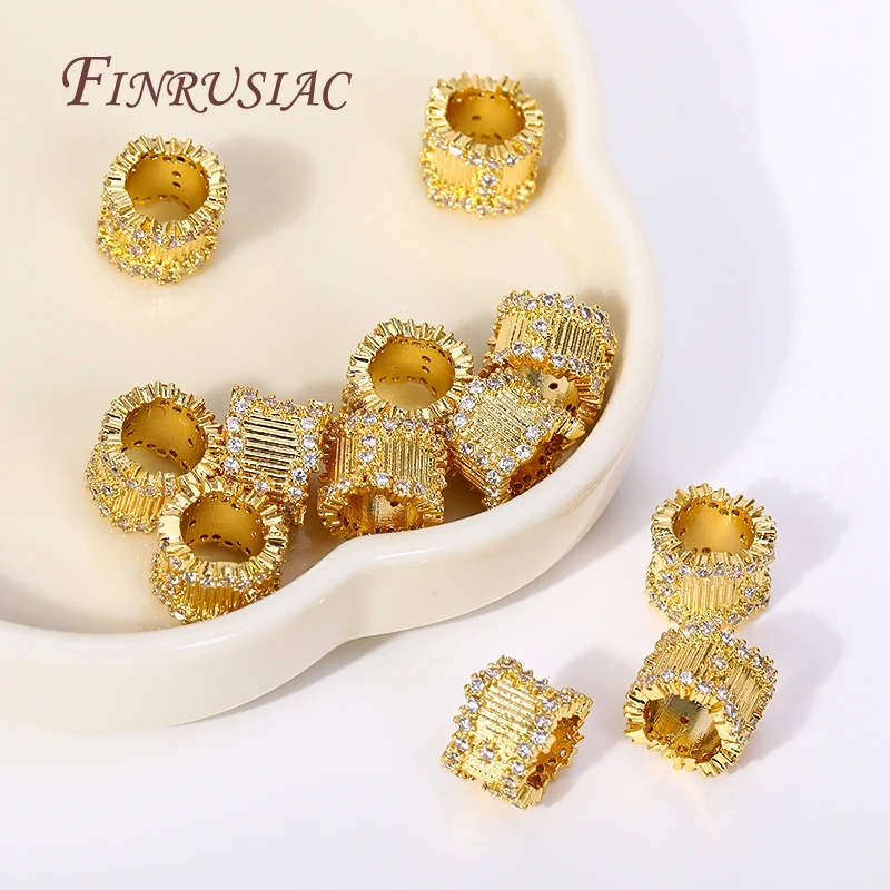 11X8MM 18K Gold Plated Barrel Shape Spacer Beads,Brass Metal Big Hole Cubic Zirconia Tube Beads,Loose Beads Separators Wholesale