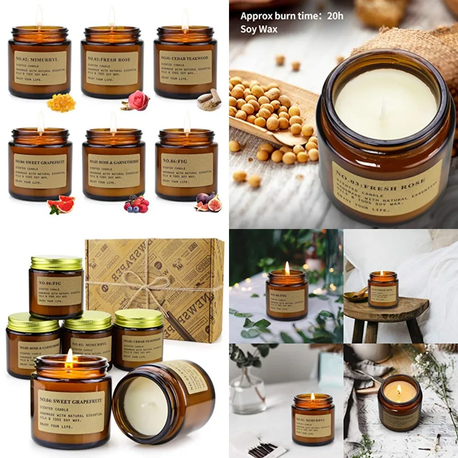 

Набор из 6 ароматических свечей для дома, подарочный набор для женщин, соевые свечи в янтарных банках, длительного горения, подарок на день рождения