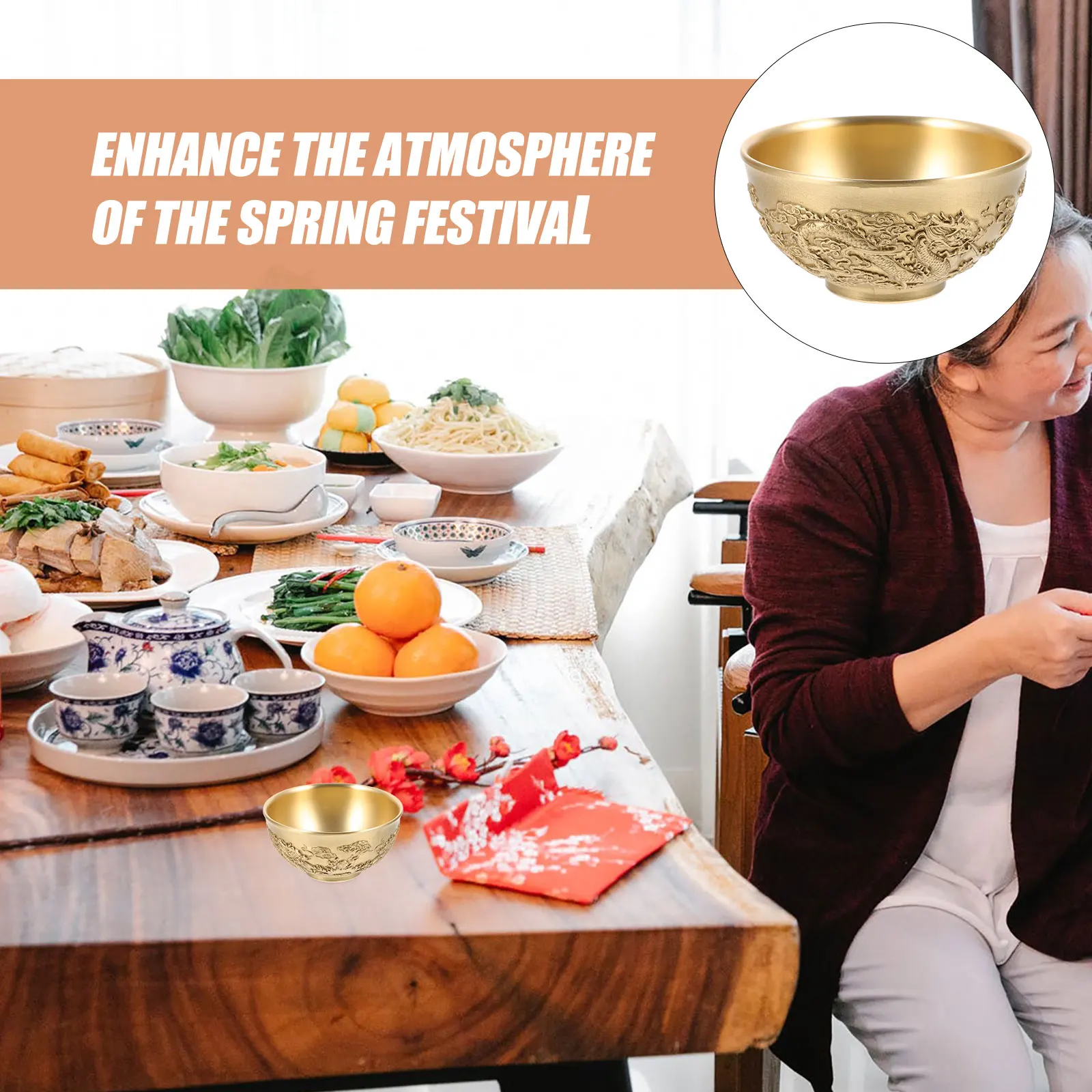 

1pcs Copper Treasure Basin Prosperity Golden Tone Offering Bowl Desktop Decoration Home Office Traditional Chinese Bowl Spring