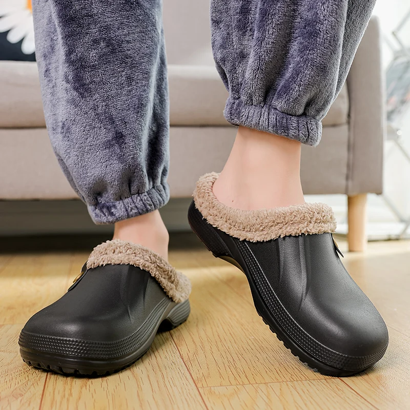 

Unisex Winter Men Slippers Adult Classic Lined Clog waterproof chef shoes Velvet Slippers for Couples Casual Warm Shoes