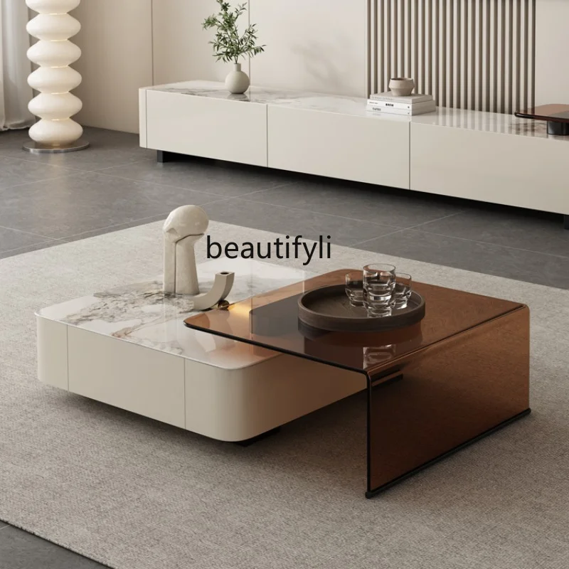 

Italian Light Luxury Coffee Table TV Cabinet Combination Modern Minimalist Square Glass Stone Plate Tea Table furniture