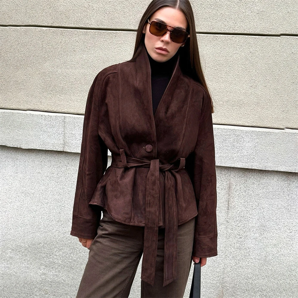 

Talenza Ретро бархатные пальто с поясом женские свободные с длинным рукавом с v-образным вырезом на шнуровке однотонные женские куртки 2025 осенняя уличная верхняя одежда женская новинка