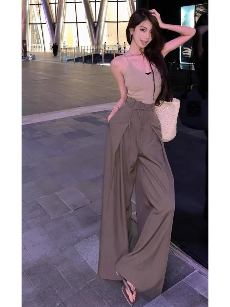 

Temperament Spicy Girl Knit Camisole Top Suit Wide Leg Two-piece Set Women Shirring Collarbone Sleeveless Solid Slim Summer Wear