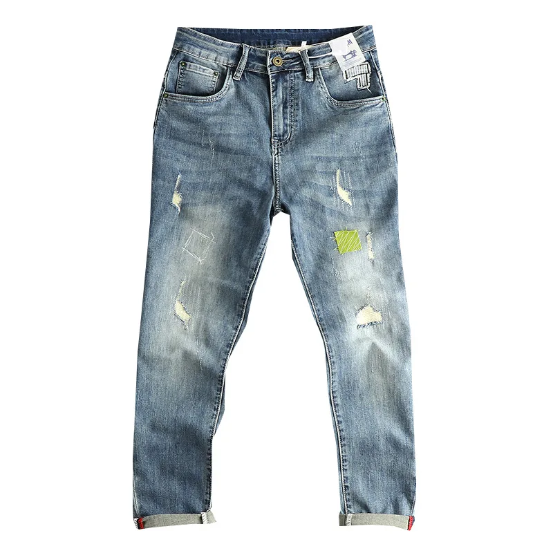 

Personalized Patch Distressed Vintage Trendy Men's Skinny Jeans American Style Spring Autumn Long Pants