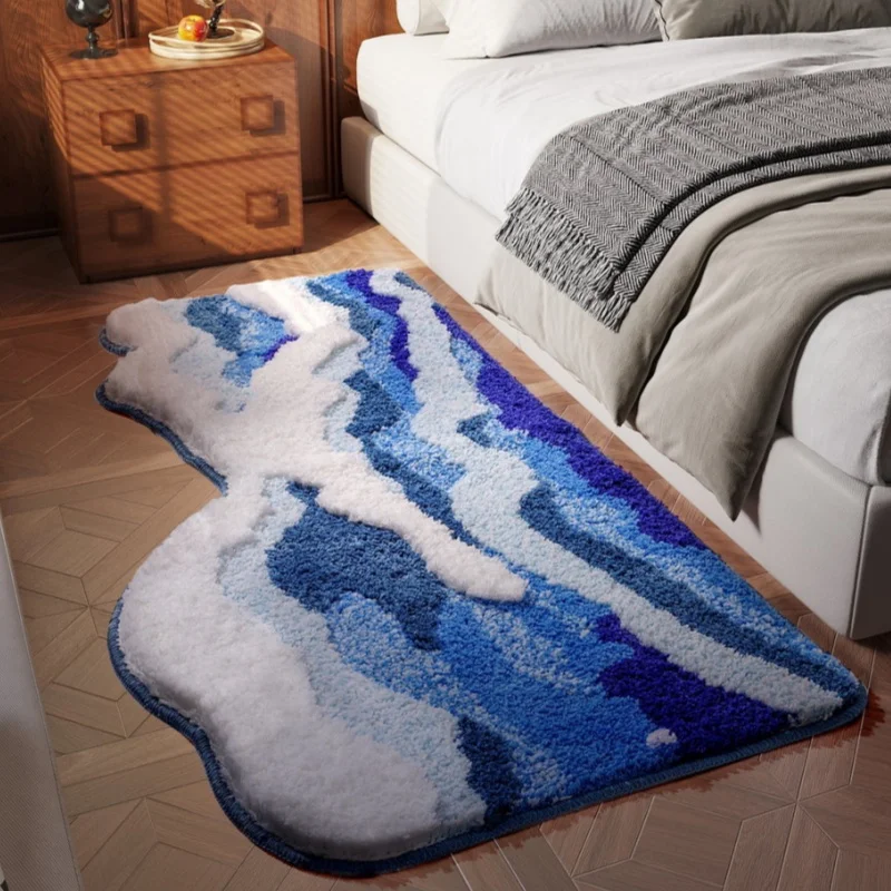 Aesthetic Wave Tufted Carpet Bathroom Antislip Rug Ocean Sea Tufting Plush Carpet House Livingroom Decoration Bedside Area Rug