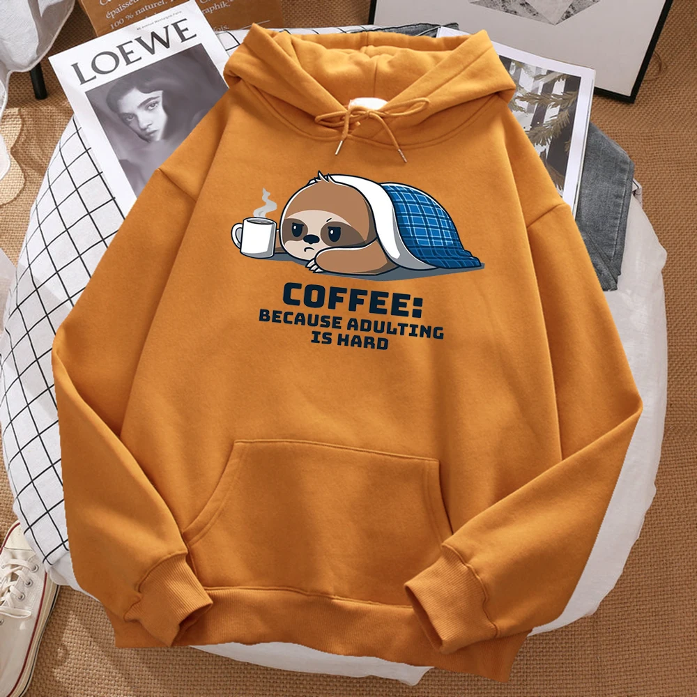 Coffee Because Adulting Is Hard Cute Sloth Man Hoodie Hip Hop Soft Hoody Cartoons Warm Sweatshirt Harajuku Unisex Sportswears