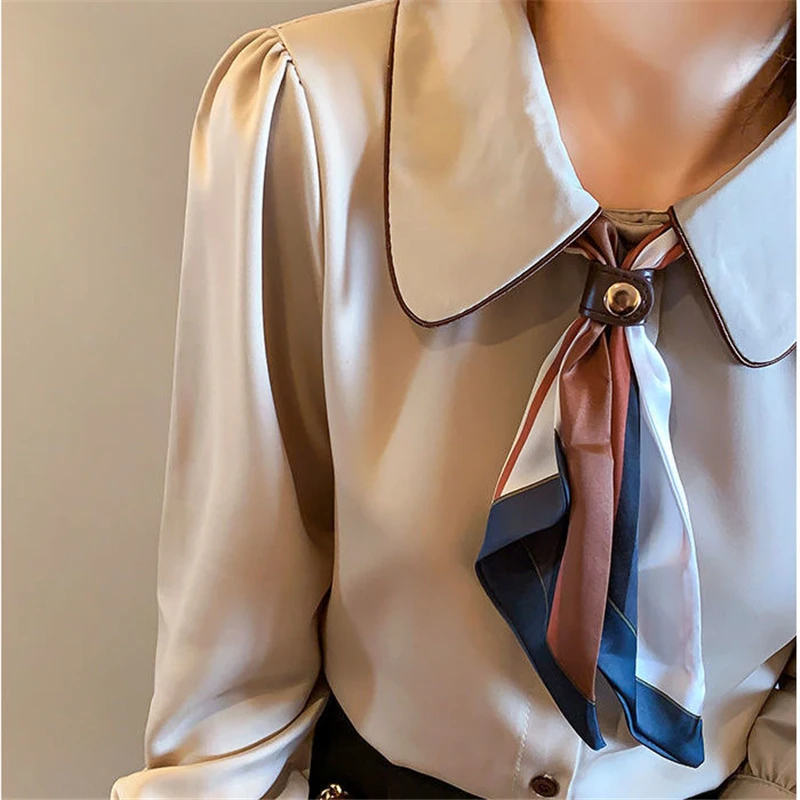 High Quality Satin Women Elegant Chic Bow Peter Pan Collar Shirts Korean Solid Long Sleeve Blouse Top Blusas Mujer De Moda 2023