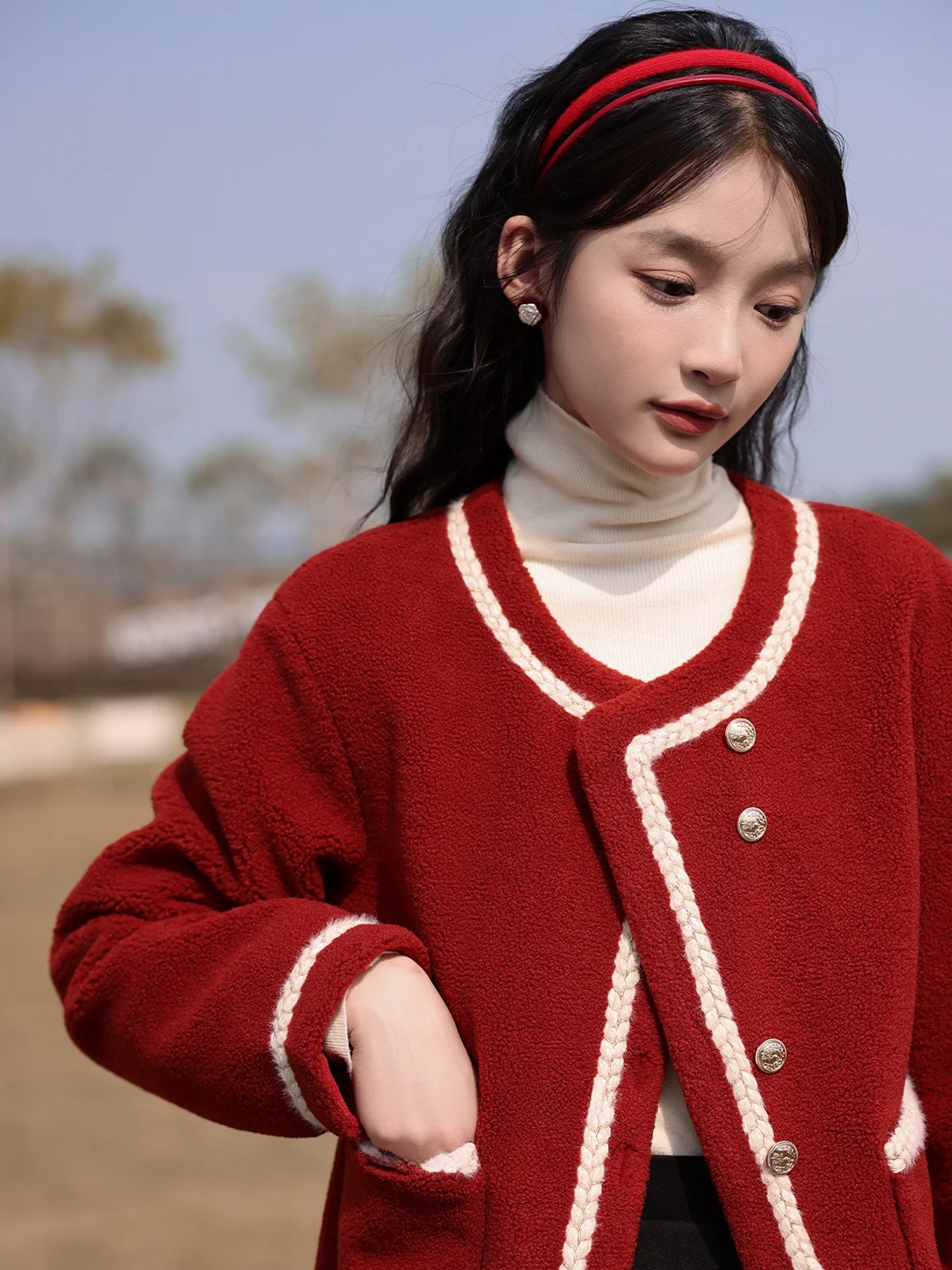 Ele Lamb Fur Jaet Women's Faionable Aosphere Small Fraance Sle Autumn Winter Straight Tube Sweet Sle Coat