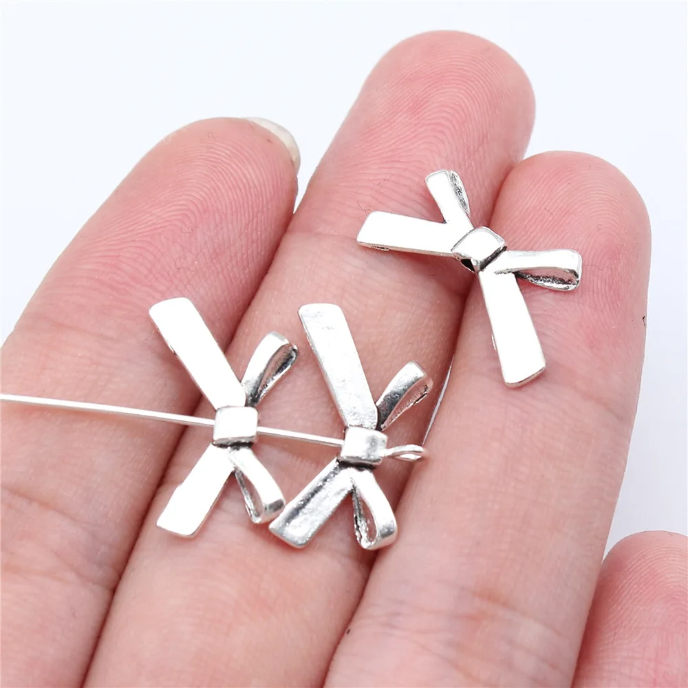 20Pcs/Lot 12x20mm Antique Silver Bow Eyelet Bead Pendant Suitable For Princess DIY Hand-made Alloy Charms Jewelry Making