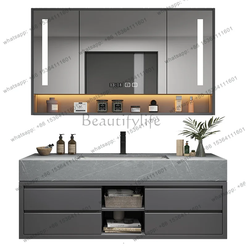 Light luxury rock slab bathroom cabinet combination, double basin bathroom cabinet, solid wood washing table integrated
