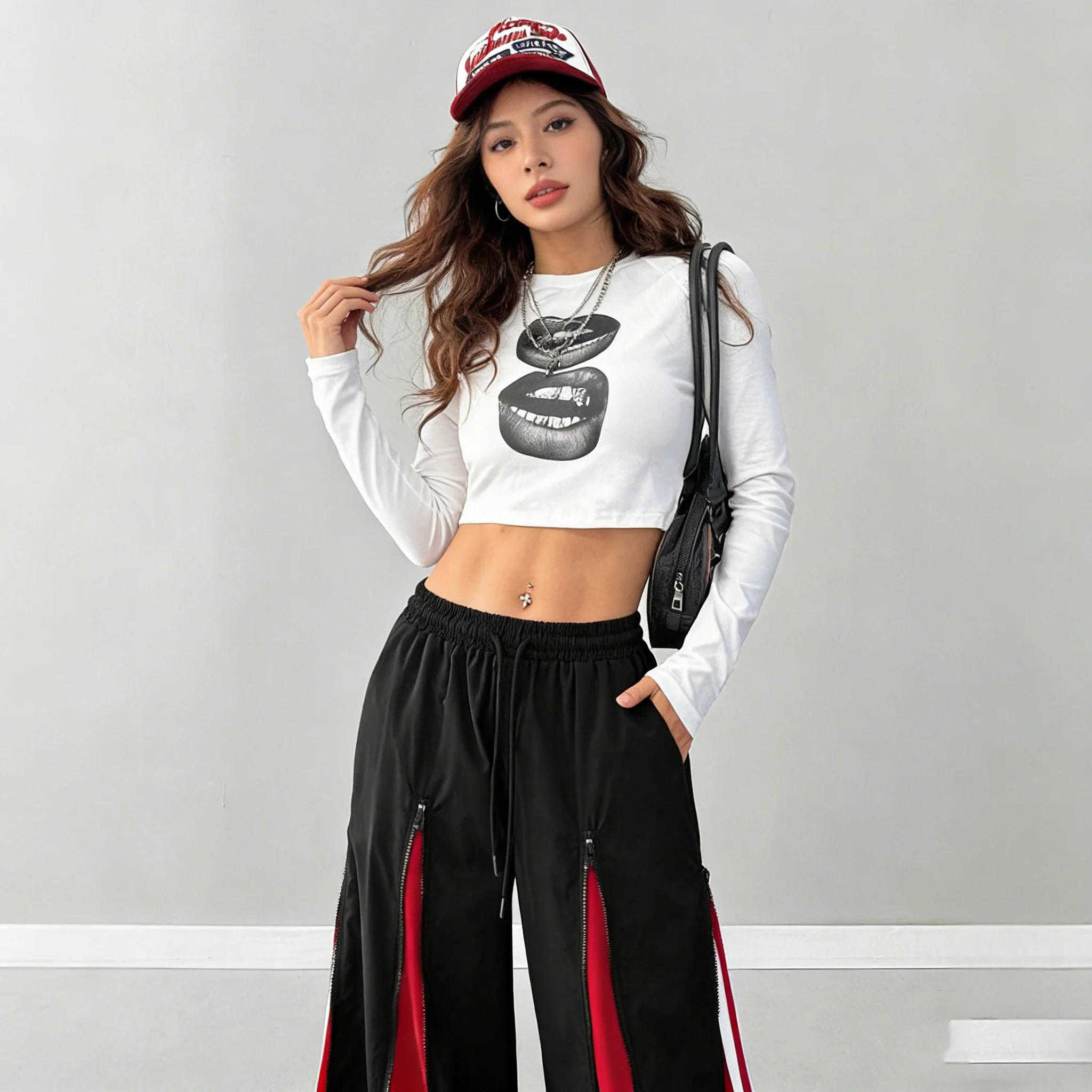 

Европейские и американские модные женские брюки в минималистском стиле, сексуальные, красные и черные, с элементами пэчворка, свободного кроя, длинные, повседневные.