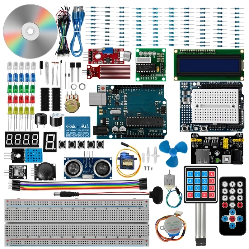 

2024 New DIY Super Starter Kit for SET R3 Breadboard UN-R3 Control Board LED Diodes Resistors, LCD1602 RFID-module-Over 50 Kinds