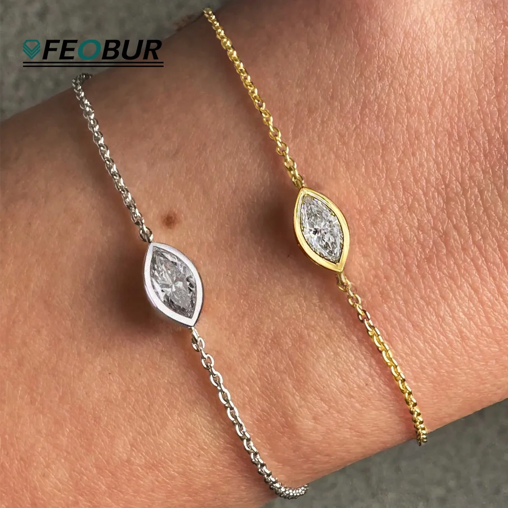 

1-2CT Bezel Set Moissanite Solitaire Bracelet for Women 925 Sterling Silver Marquise Cut Diamond Charm Hand Chain Dainty Jewelry