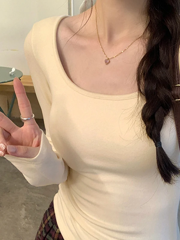 

Осенняя футболка Pure Desire Sle с квадратным воротником, облегающий базовый слой, топ с накладкой на грудь, мягкая внутренняя длинная футболка све для женщин...