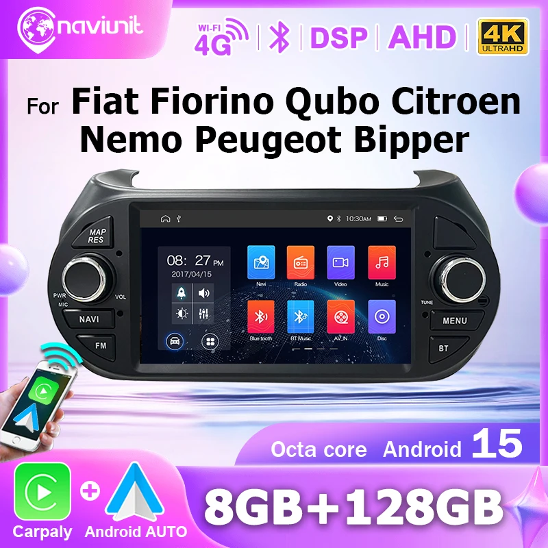 Autoradio Android 15 Carplay 2 DIN pour Fiat Fiorino Citroen Nemo Peugeot Bipper Lecteur multimédia intelligent pour voiture Écran intelligent