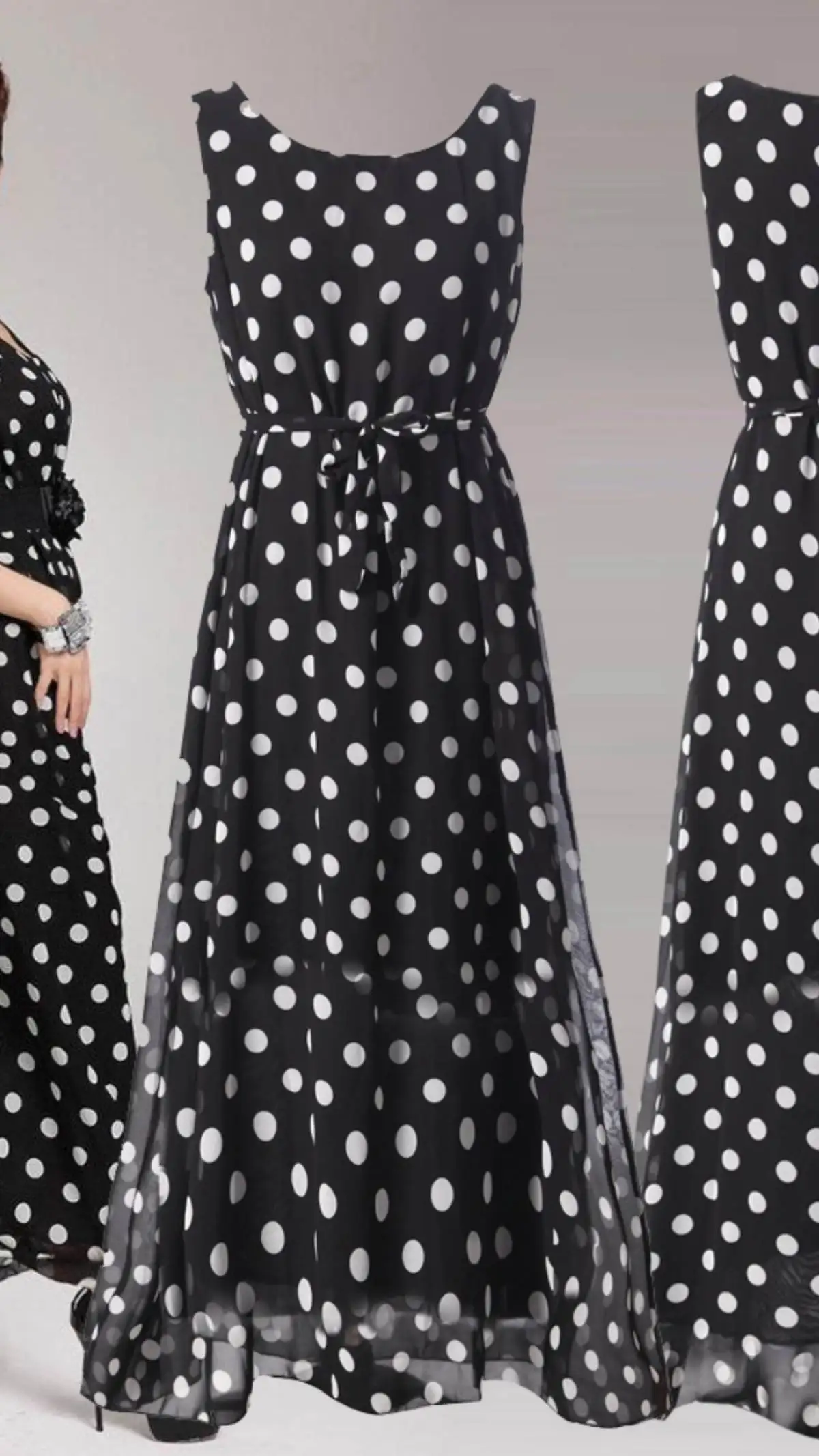 여름 신상 물방울 무늬 여성 롱 베스트 드레스 트렌디 쉬폰 원피스 드레스 패셔너블 여성 의류