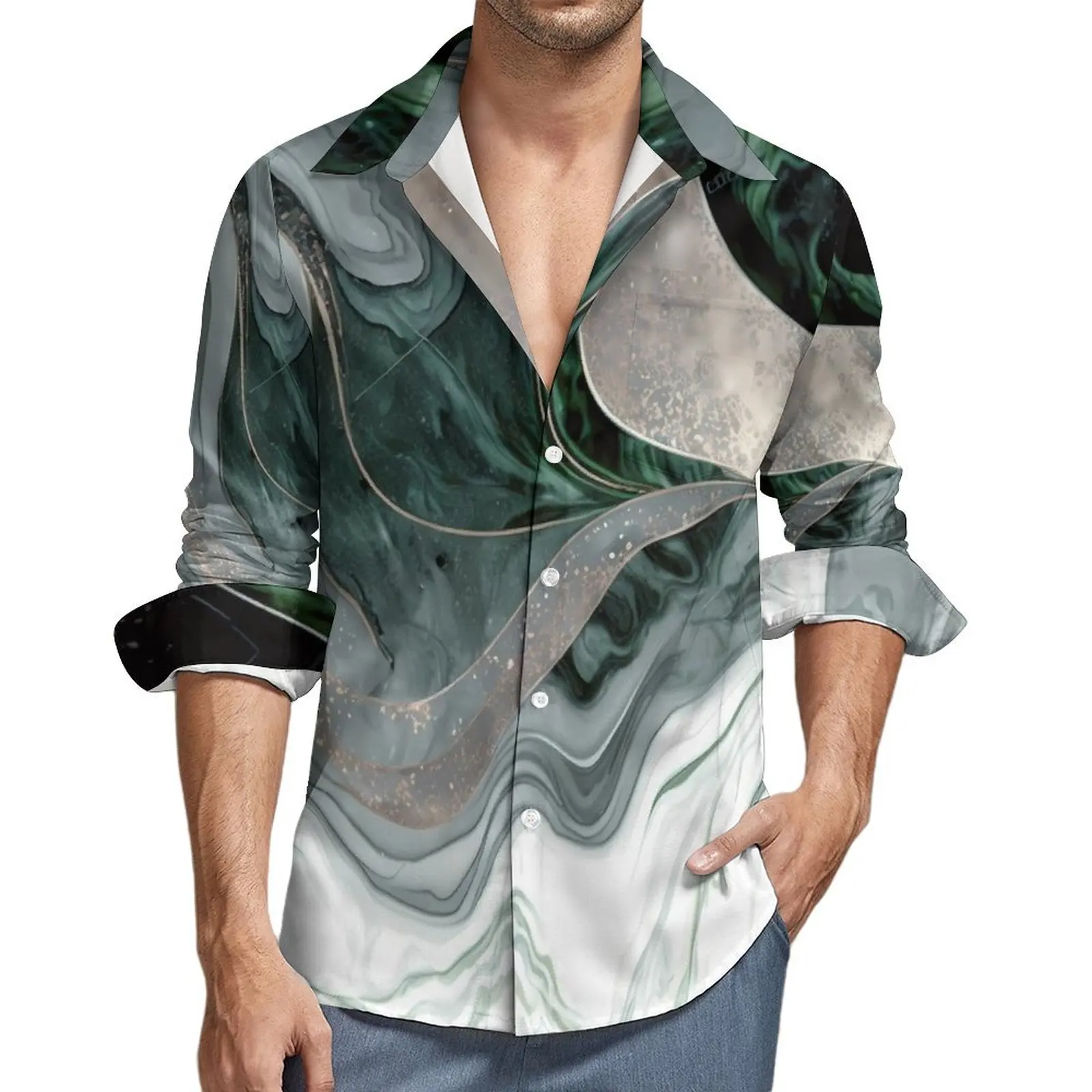 

Green Marble Casual Shirts Gold Green Swirls Loose Shirt Spring Comfortable Oversized Blouse Male Long Sleeve Graphic Clothing