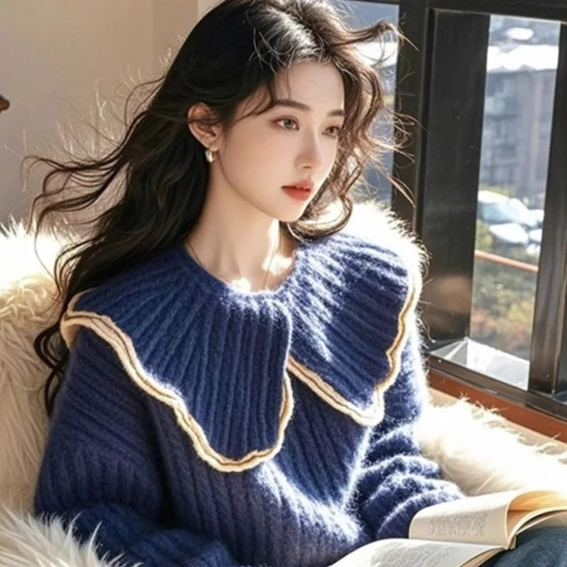 

New Large Size Autumn Winter Korean Lazy High-end Loose Design Knitted Sweater Blue Thin Sweater Top Exquisite Simple Leisure