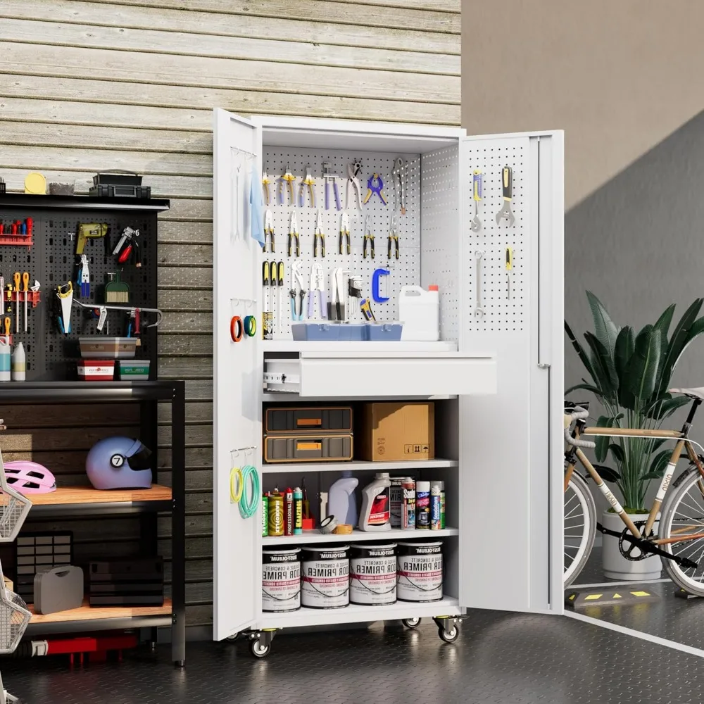 서랍, 후크, 조절 가능한 선반이 있는 롤링 스틸 메탈 수납 캐비닛, 공구 정리용